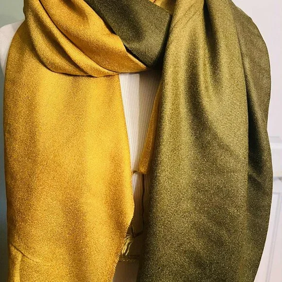 Silk & Pashmina Scarf – Golden Olive Elegance- NWT - Picture 9 of 14